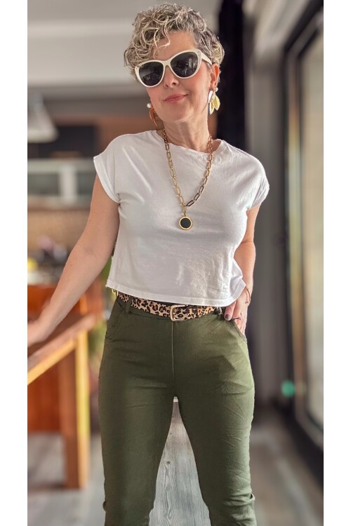 Falco İtalyan Leopar Kemer Detay Sihirli Pantolon Haki