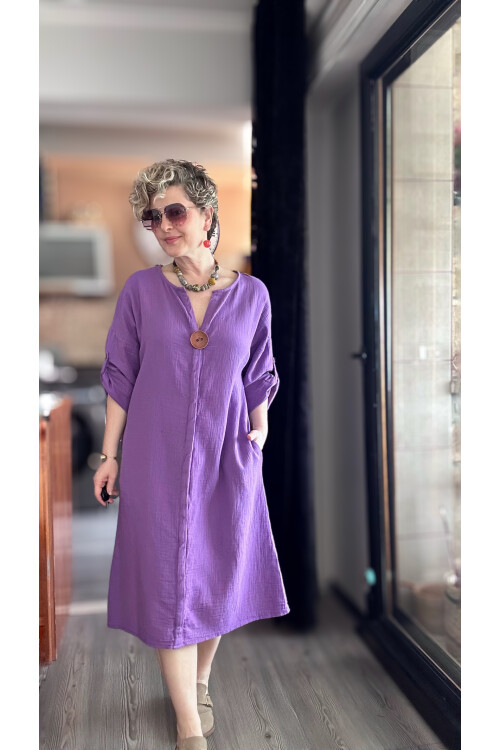 Faleria Müslin Tahta Düğme Elbise Mor
