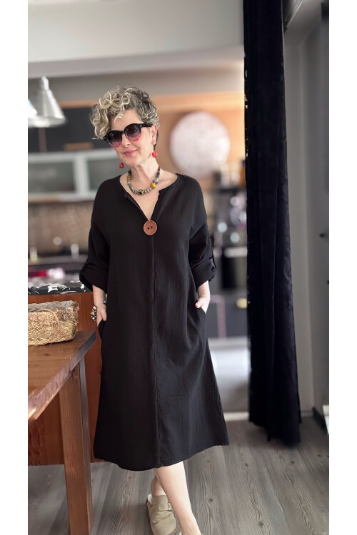 Faleria Müslin Tahta Düğme Elbise Siyah