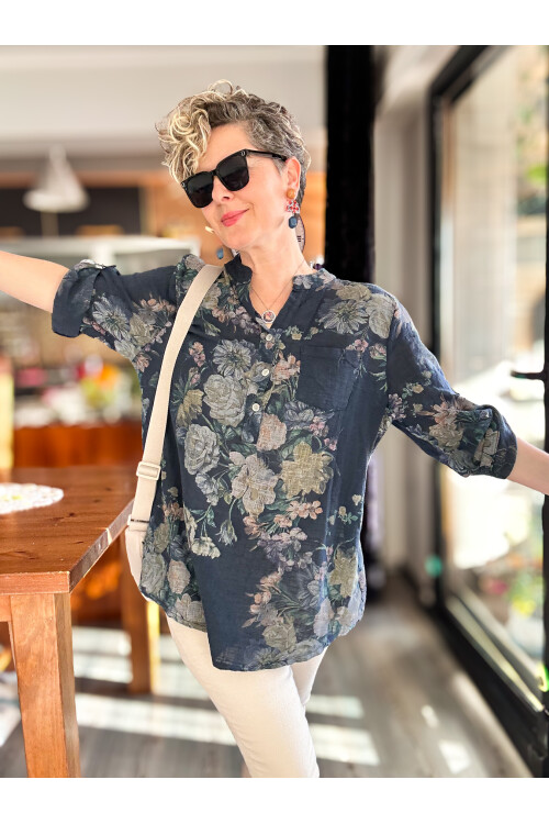 Felice Gül Desenli İtalyan Gömlek Lacivert