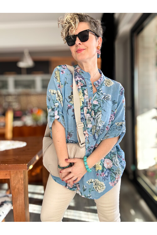 Felice Gül Desenli İtalyan Gömlek Mavi