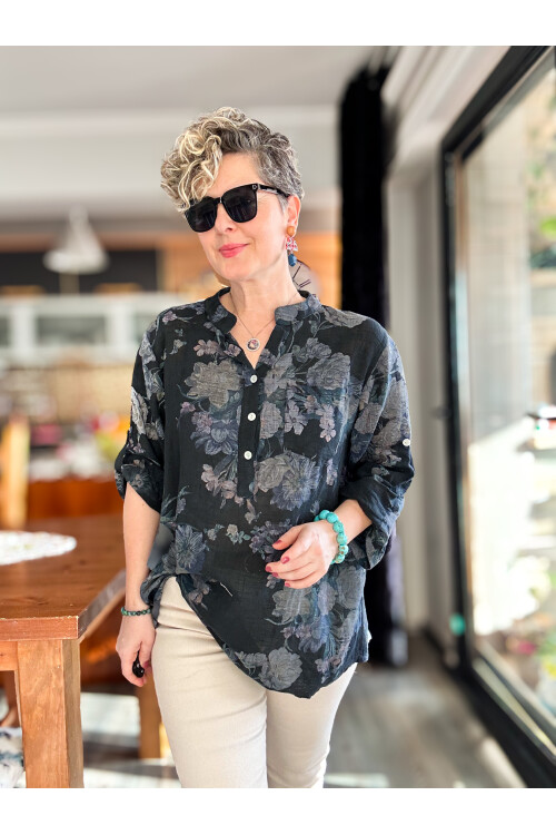 Felice Gül Desenli İtalyan Gömlek Siyah