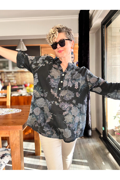 Felice Gül Desenli İtalyan Gömlek Siyah
