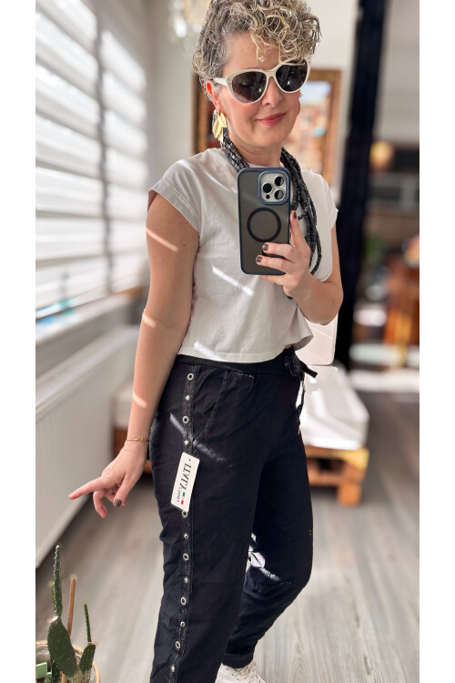 Felisa  İtalyan Sihirli Zımba Detay Pantalon Açık Siyah