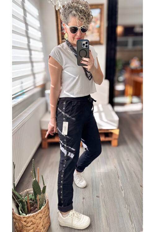 Felisa  İtalyan Sihirli Zımba Detay Pantalon Açık Siyah