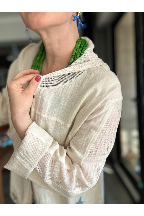 Feliz Yıldız File Detay Pul İşleme Hırka Ceket Ekru