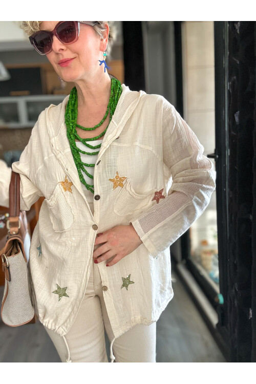 Feliz Yıldız File Detay Pul İşleme Hırka Ceket Ekru