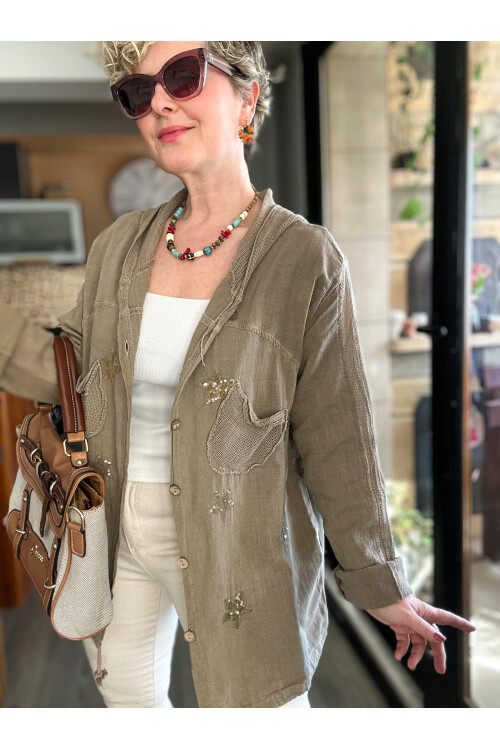 Feliz Yıldız File Detay Pul İşleme Hırka Ceket Vizon