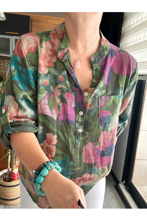 Felli Zambak Desen Desenli İtalyan Gömlek Haki Yeşil