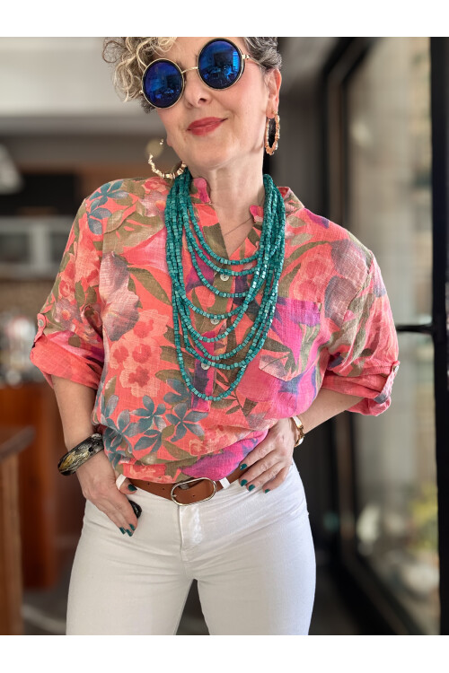 Felli Zambak Desen Desenli İtalyan Gömlek Mercan