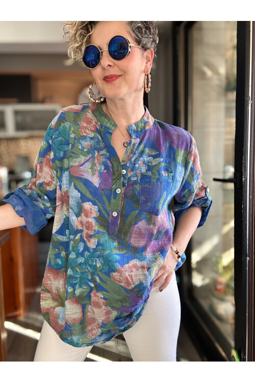 Felli Zambak Desen Desenli İtalyan Gömlek Turkuaz