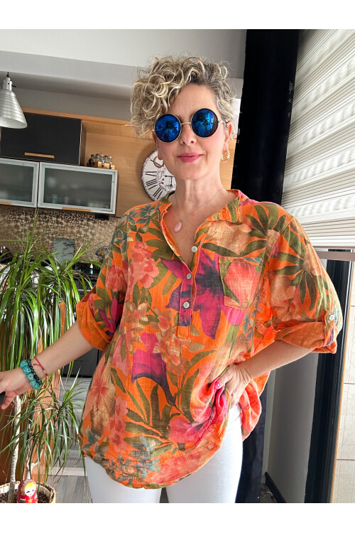 Felli Zambak Desen Desenli İtalyan Gömlek Turuncu