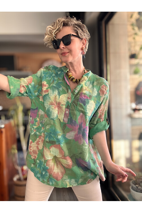 Felli Zambak Desen Desenli İtalyan Gömlek Yeşil