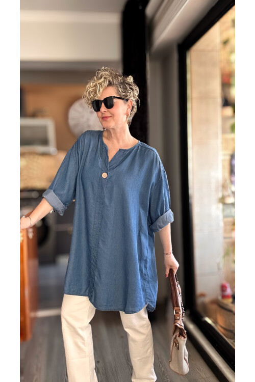 Felpa İtalyan Tek Düğme Tencel Kot Bluz İndigo