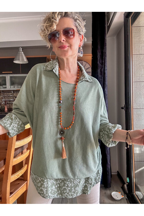 Femme İtalyan Gömlekli Bluz Triko Takım Çağla Yeşil