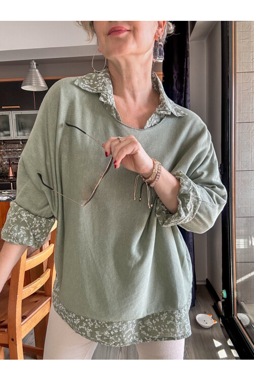 Femme İtalyan Gömlekli Bluz Triko Takım Çağla Yeşil