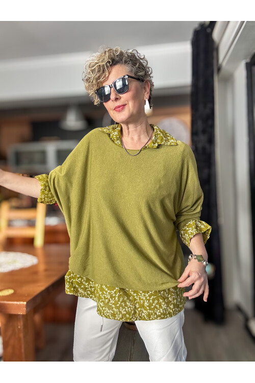 Femme İtalyan Gömlekli Bluz Triko Takım Fıstık Yeşil