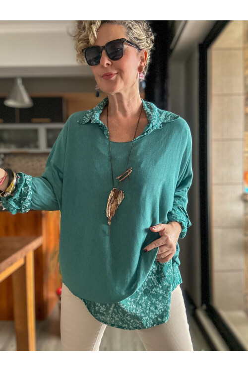 Femme İtalyan Gömlekli Bluz Triko Takım Mint