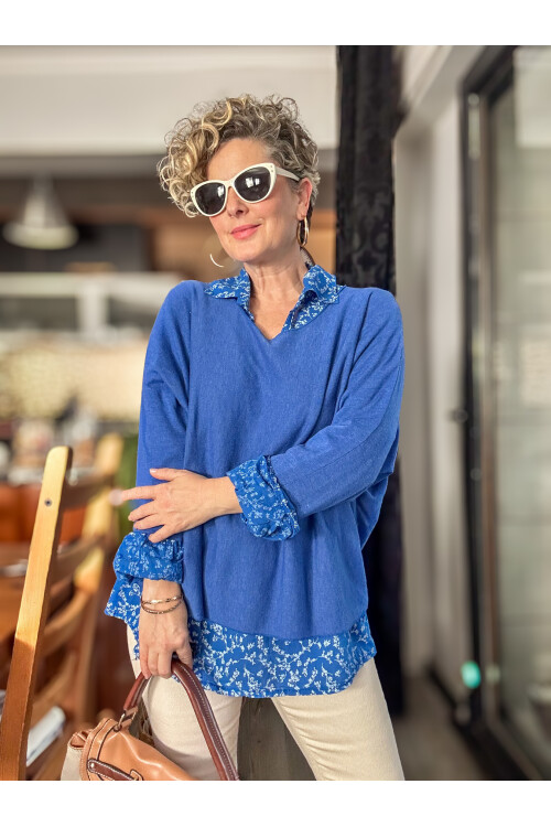 Femme İtalyan Gömlekli Bluz Triko Takım Sax