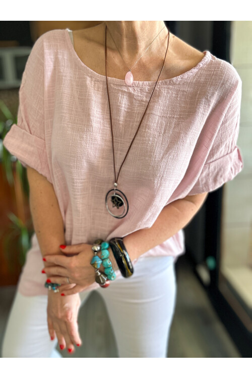 Fezza İthal Kolyeli Tasarım Bluz Toz Pembe