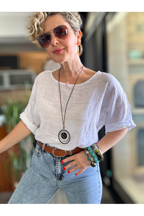 Fezza İthal Kolyeli Tasarım Bluz Beyaz