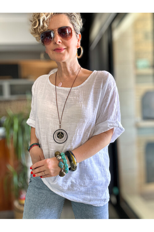 Fezza İthal Kolyeli Tasarım Bluz Beyaz