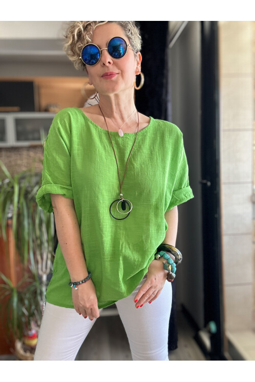 Fezza İthal Kolyeli Tasarım Bluz Çimen Yeşil