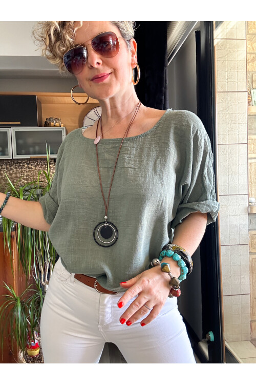 Fezza İthal Kolyeli Tasarım Bluz Haki Yeşil