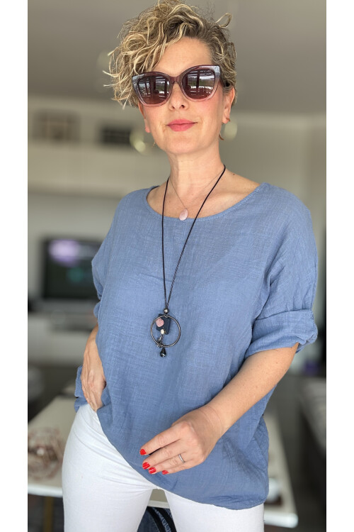 Fezza İthal Kolyeli Tasarım Bluz İndigo