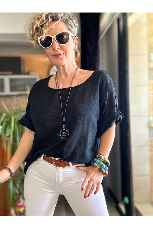 Fezza İthal Kolyeli Tasarım Bluz Siyah