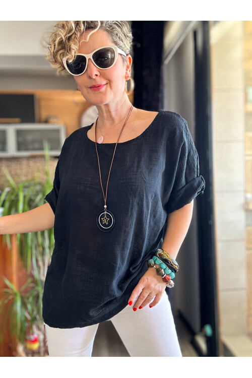 Fezza İthal Kolyeli Tasarım Bluz Siyah