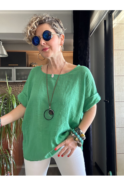 Fezza İthal Kolyeli Tasarım Bluz Yeşil