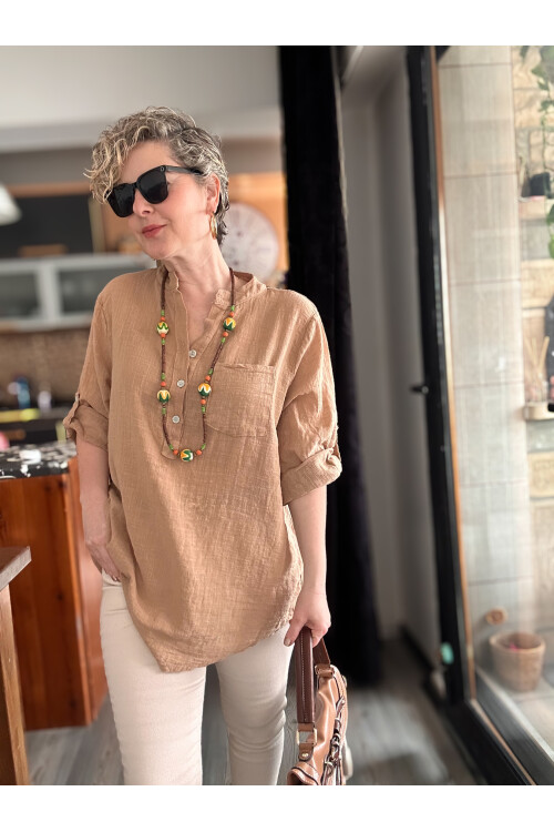 Figi İtalyan Tek Cep Gömlek Cappucino