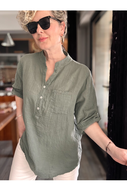 Figi İtalyan Tek Cep Gömlek Haki Yeşil