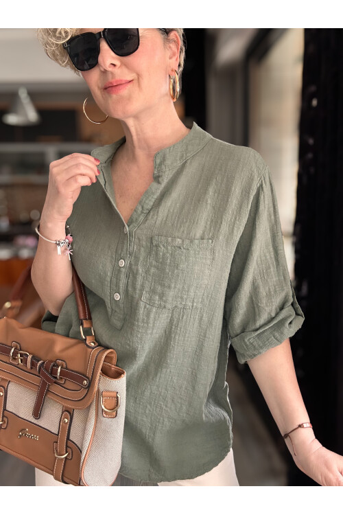 Figi İtalyan Tek Cep Gömlek Haki Yeşil