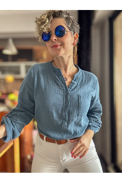 Figi İtalyan Tek Cep Gömlek İndigo