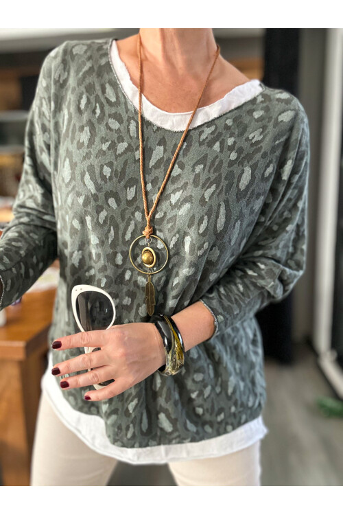 Fuggi Leopar Desen Kolyeli İtalyan Bluz Military