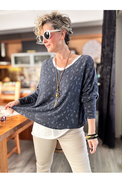 Fuggi Leopar Desen Kolyeli İtalyan Bluz Navy