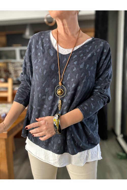 Fuggi Leopar Desen Kolyeli İtalyan Bluz Navy