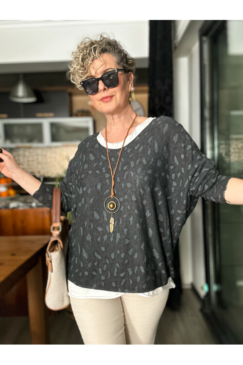 Fuggi Leopar Desen Kolyeli İtalyan Bluz Nero