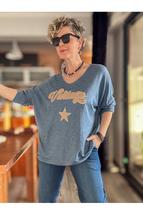 Gabbi İtalyan Vintage Desen Triko Jeans Mavi