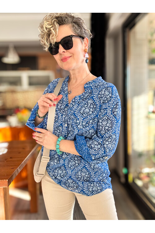 Gaffe Çini Desen İtalyan Gömlek Sax Mavi