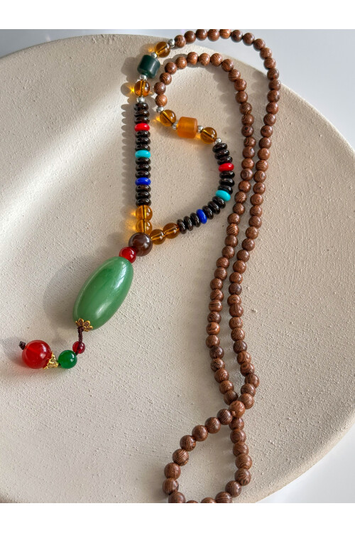 Ganesha Doğal Taş Etnik Cam Bambu Kolye