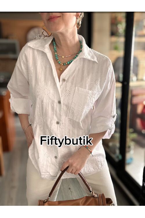Gesso İtalyan Çiçek Fisto Detay Gömlek Beyaz