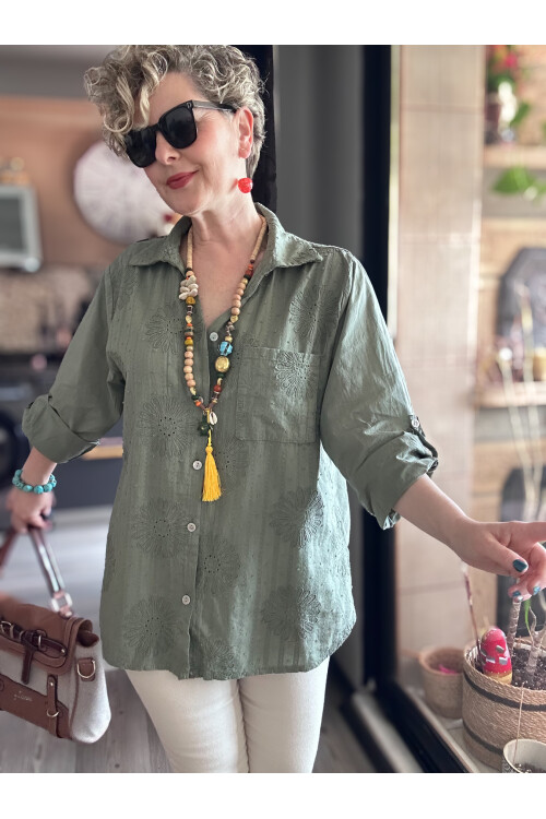 Gesso İtalyan Çiçek Fisto Detay Gömlek Haki