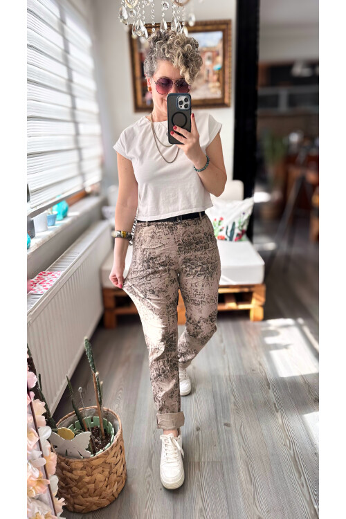 Gianni İtalyan Desen Detay Kemerli Sihirli Pantolon Beige
