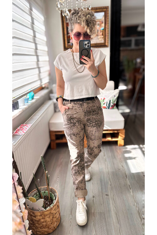 Gianni İtalyan Desen Detay Kemerli Sihirli Pantolon Beige