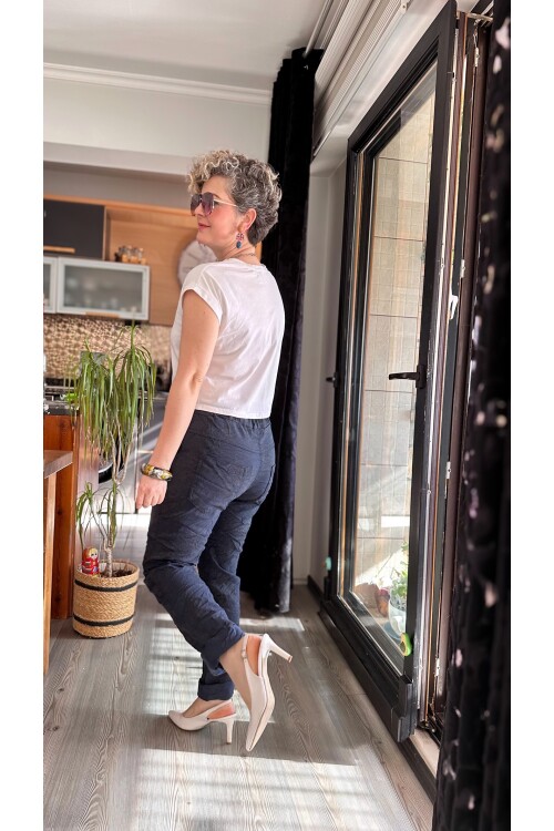 Gianni İtalyan Desen Detay Kemerli Sihirli Pantolon Navy