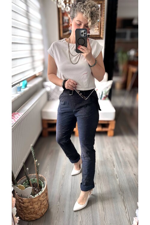 Gianni İtalyan Desen Detay Kemerli Sihirli Pantolon Navy