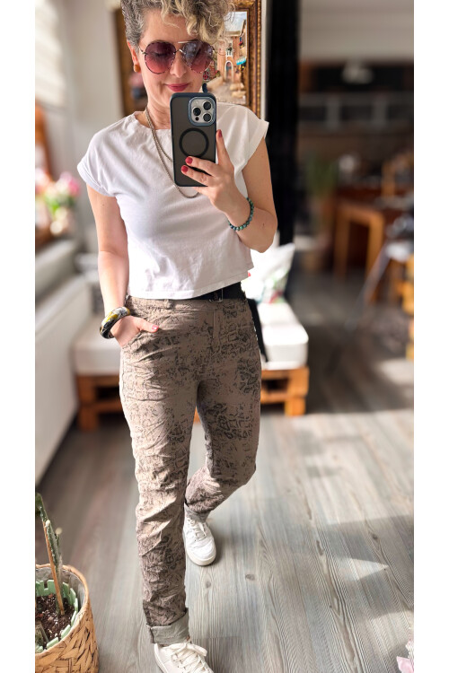 Gianni İtalyan Desen Detay Kemerli Sihirli Pantolon Taupe